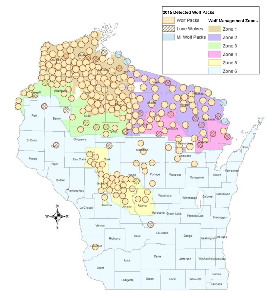 Map of detected wolf packs in Wisconsin, 2015.