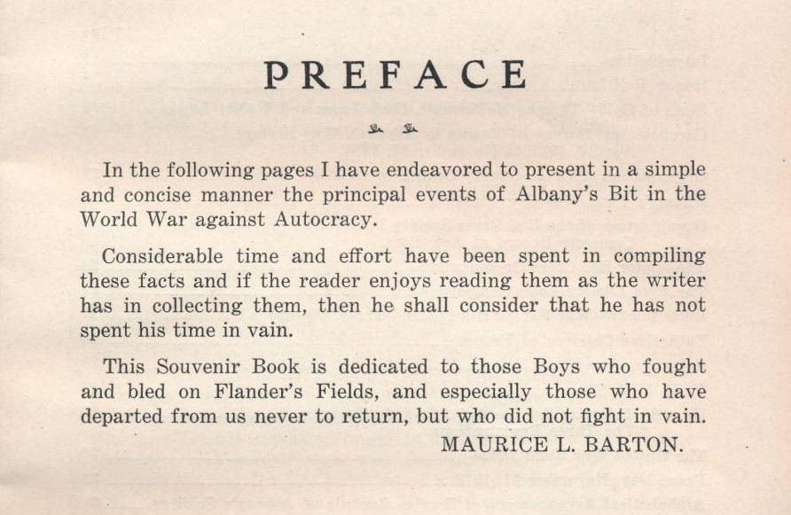 Preface to "Albany's Bit in the World War," by Maurice L. Barton, 1919. Alberston Memorial Library, Albany.