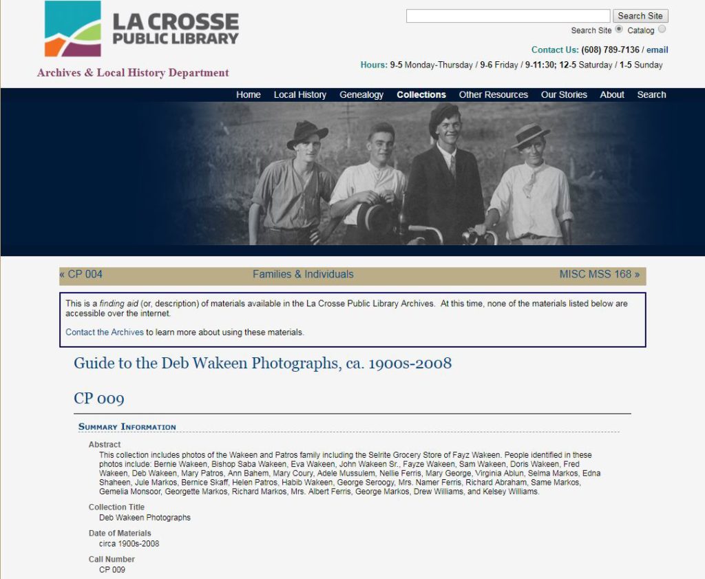 Screenshot of the full-text searchable finding aid on the La Crosse Public Library Archives website for one of the new Community Photographs collections, Deb Wakeen Photographs.