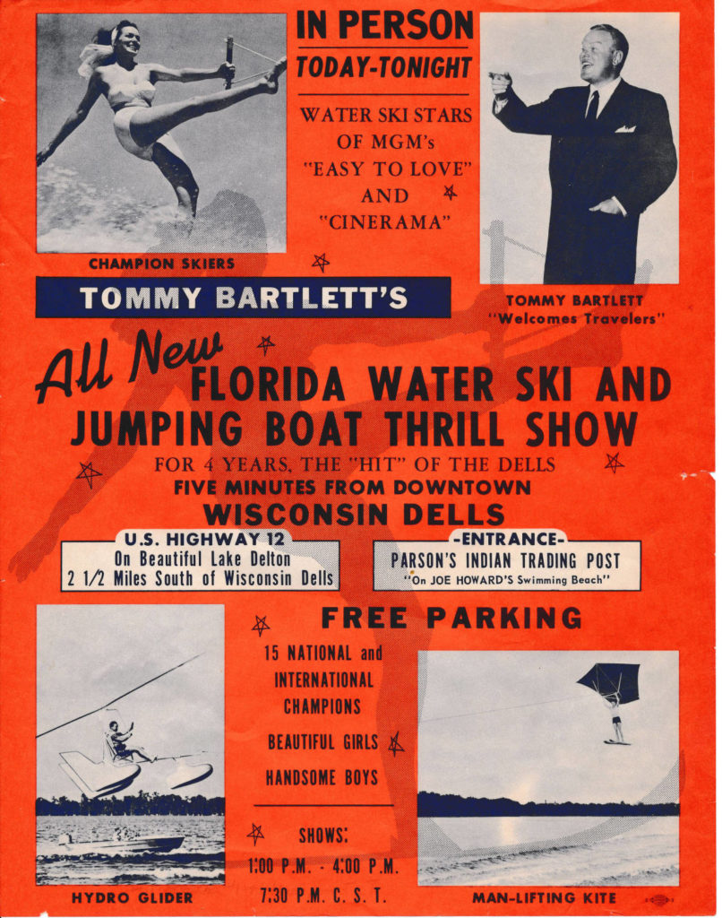 A flyer advertising the 4th season of the Tommy Bartlett Show on Lake Delton in the Wisconsin Dells, ca. 1955. Kilbourn Public Library.