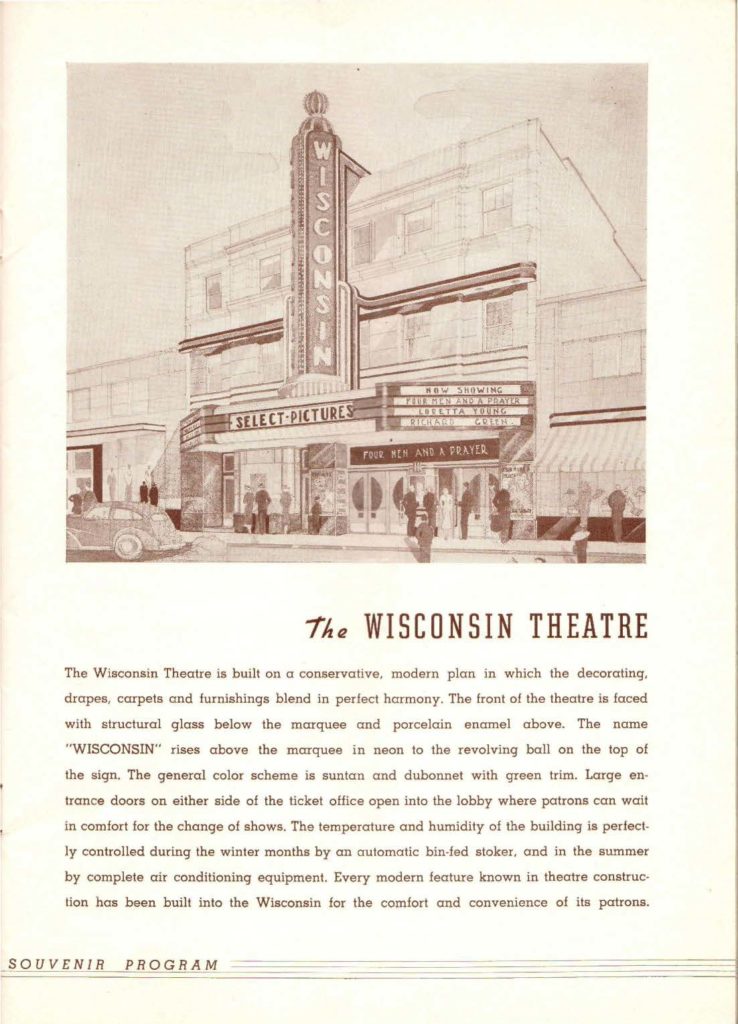 Page from a souvenir program for the opening of the Wisconsin Theatre, Wisconsin Rapids, 1939. McMillan Memorial Library.