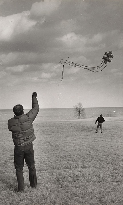 Photo by Daryl Cornick: Kite flying on campus lawn, Manitowoc, March 1969. From UW-Manitowoc via University of Wisconsin Digital Collections.