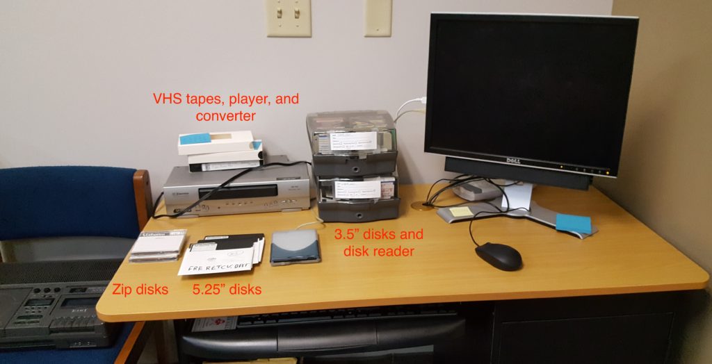 Kristen Whitson's workstation at UWRF, with the different formats labeled