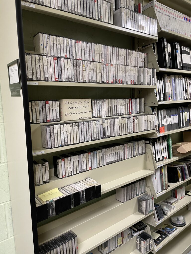 Audio cassette tapes on shelf at the Chippewa Valley Museum