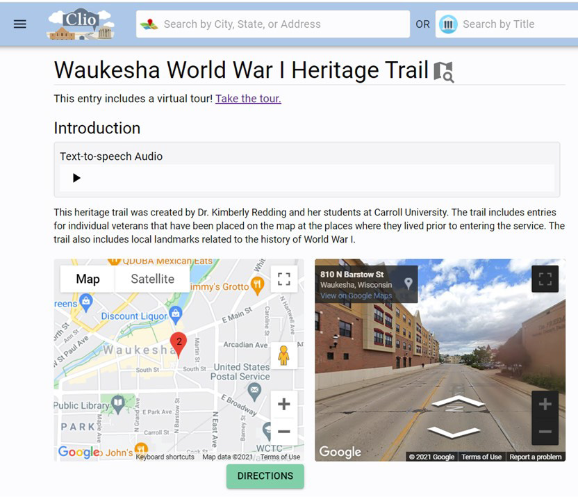 Screenshot of the the Waukesha World War I Heritage Trail project on Clio.