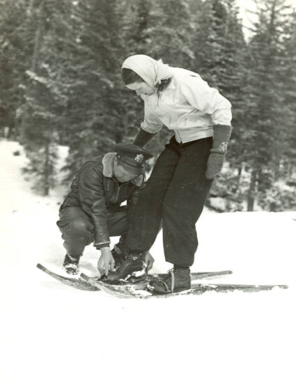 Dick and Marge getting ready to snowshoe during their honeymoon