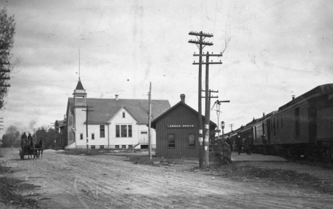 Church and Train depot, Cedar Grove, 1907