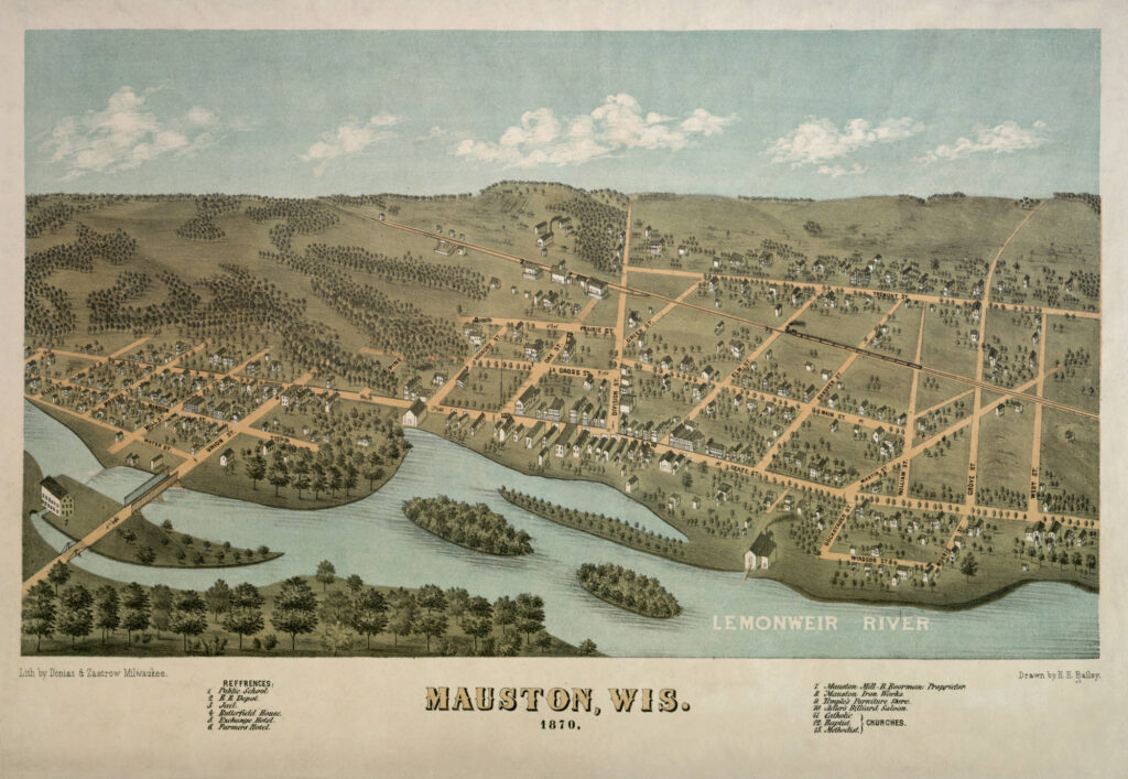 Map of Mauston created in 1870, showing the town in the center and the Lemonweir River in the foreground.