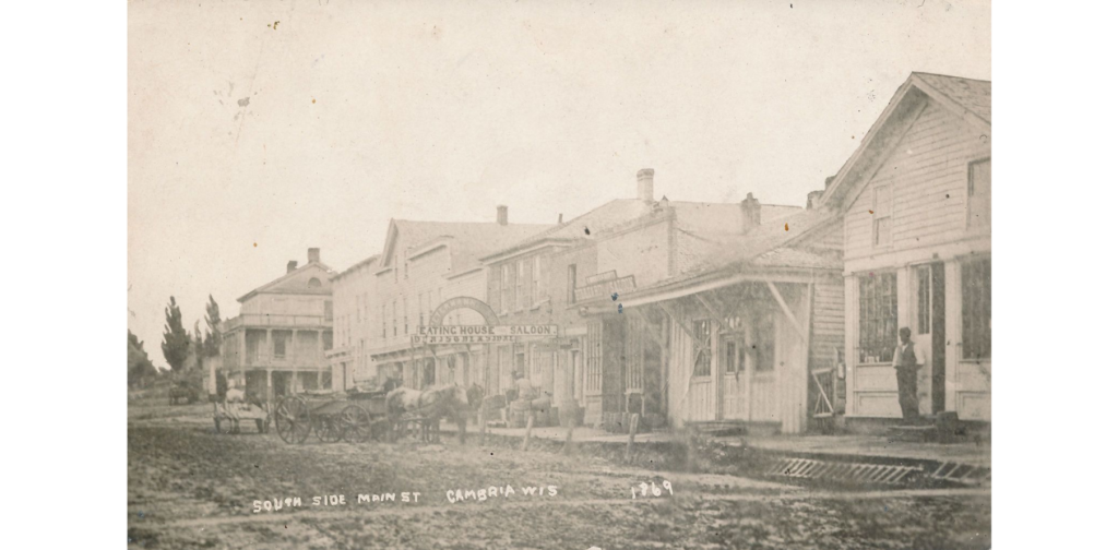 South side Main Street, Cambria, Wis. postcard, 1869. Street view showing main street buildings.