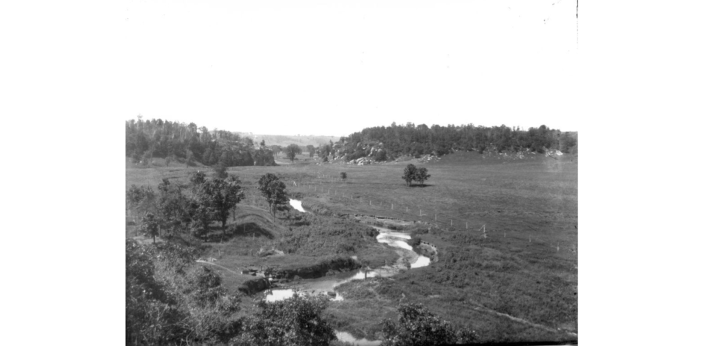 Pasture and stream with miner, full view, ca. 1890-1910.