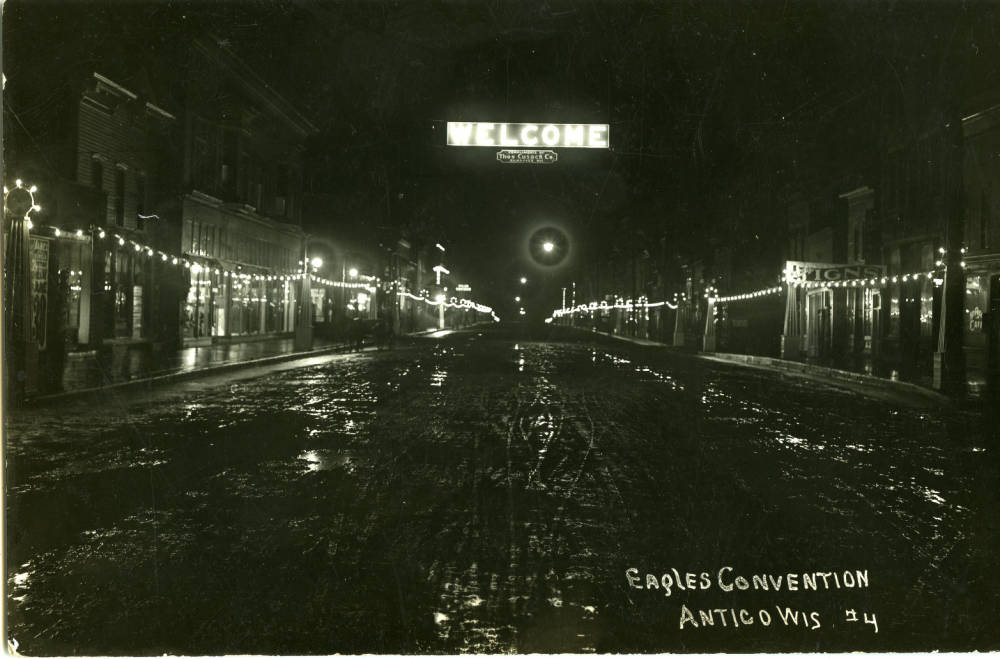 Fifth Avenue at night lit for Eagles' convention, 1914.