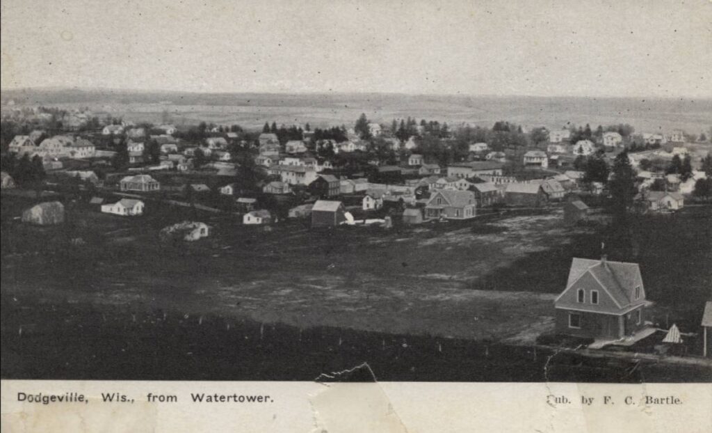 Postcard showing Dodgeville, Wisconsin as seen from the Dodgeville Water Tower, ca. 1909-1919.