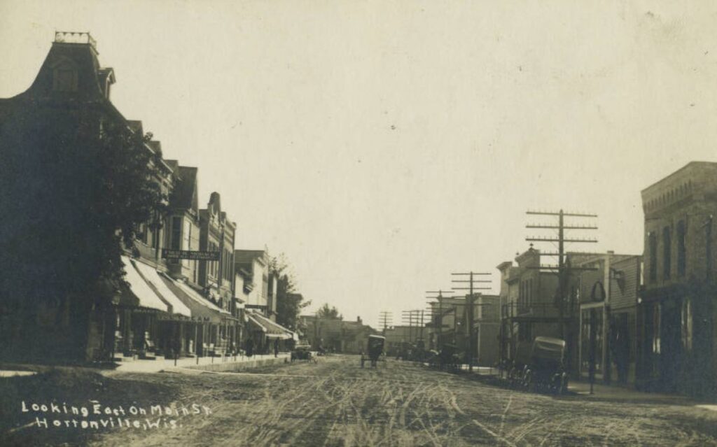 Postcard depicts Main Street looking east in Hortonville, ca. 1915.