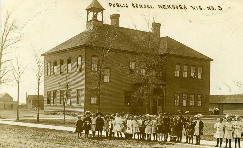 The first Nekoosa elementary school. It was built around 1893 when the paper mill was built and Nekoosa first got its start. South Wood County Historical Corporation.