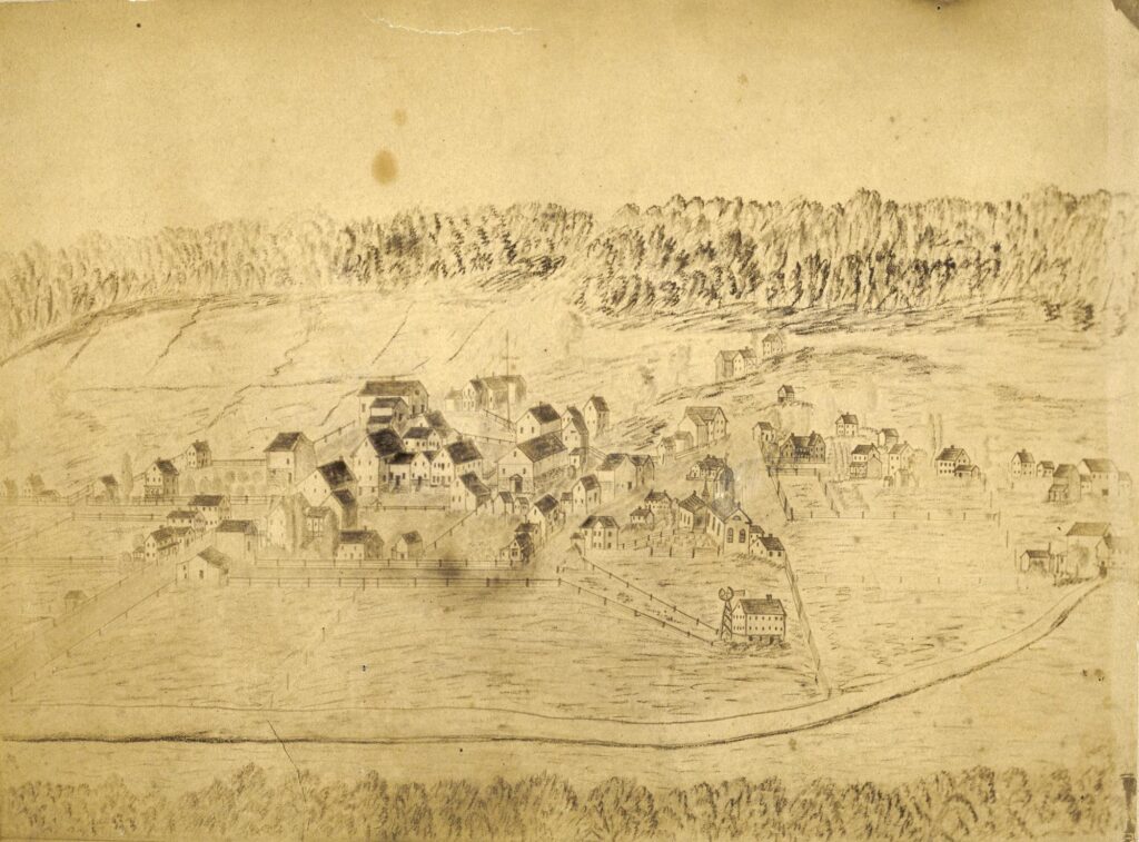 This early drawing of the village of New Glarus looks from east of the village towards the west. Below the drawing is written " Neu Glarus, Nord America." ca. 1859 - ca. 1900