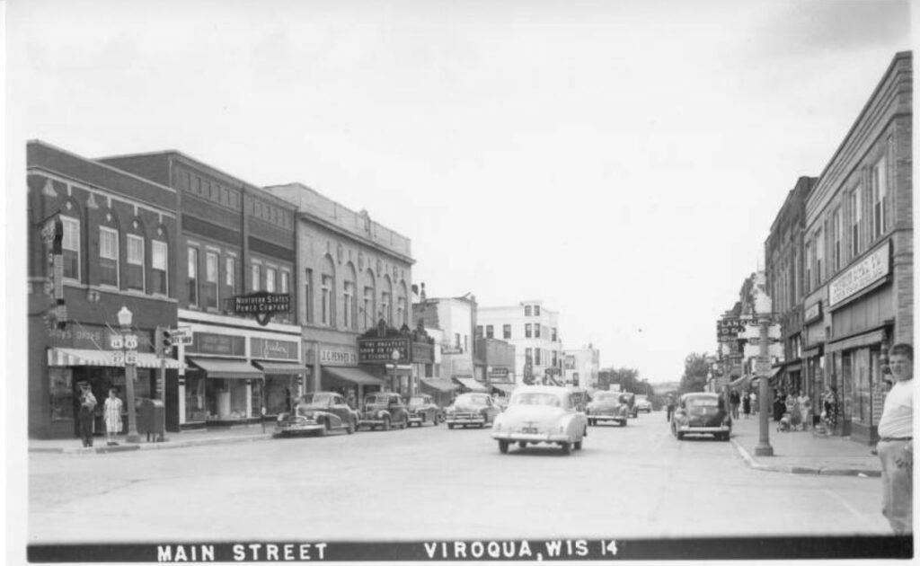 Postcard of South Main Street, Viroqua circa 1940s.