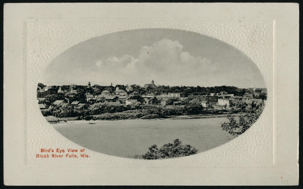 A postcard drawing of a bird's eye view of Black River Falls, Wisconsin circa 1911.