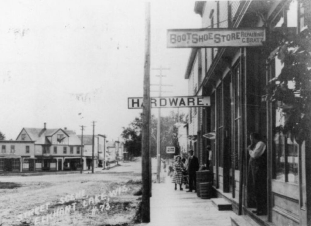 Street scene looking east from East Rhine Street, Elkhart Lake, Wisconsin, 1908.