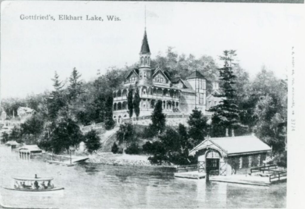 Postcard of Villa Gottfried, Elkhart lake, Wisconsin, 1914. The home (and a racetrack) were built by Chicigo millionaire brewer Matheus Gottfried in 1891.
