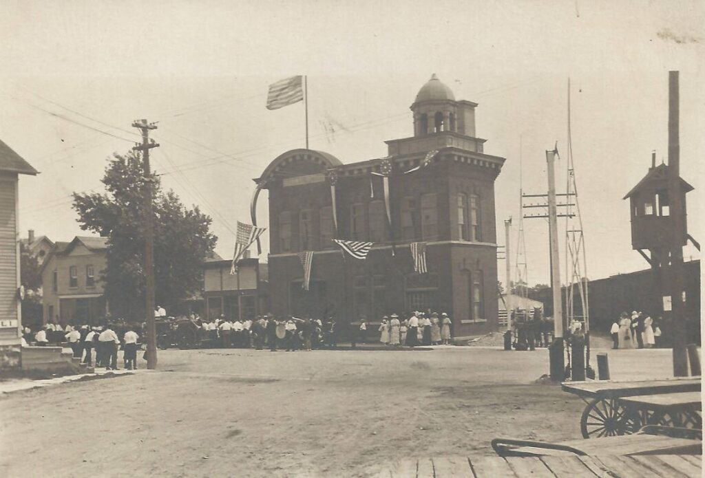 Exterior view of original Village Hall on Main Street, Kewaskum, Wisconsin in 1917.