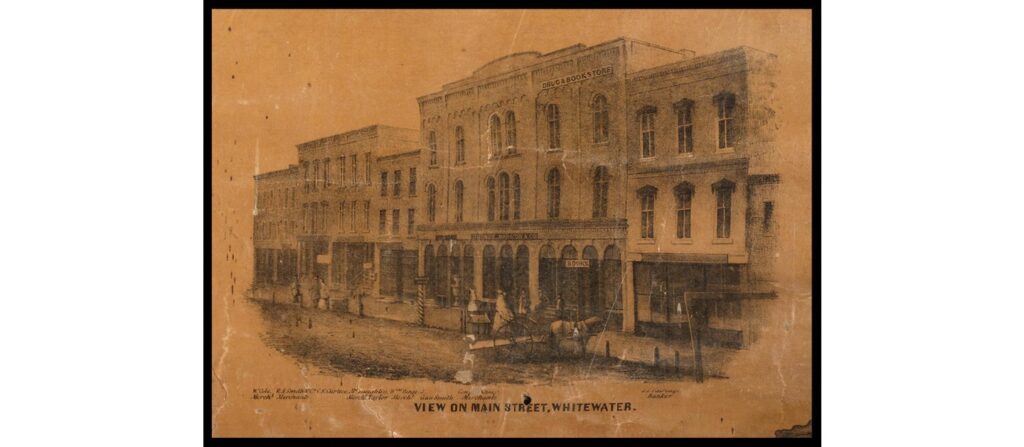 A lithographic print of the view on Main Street, Whitewater, 1857.