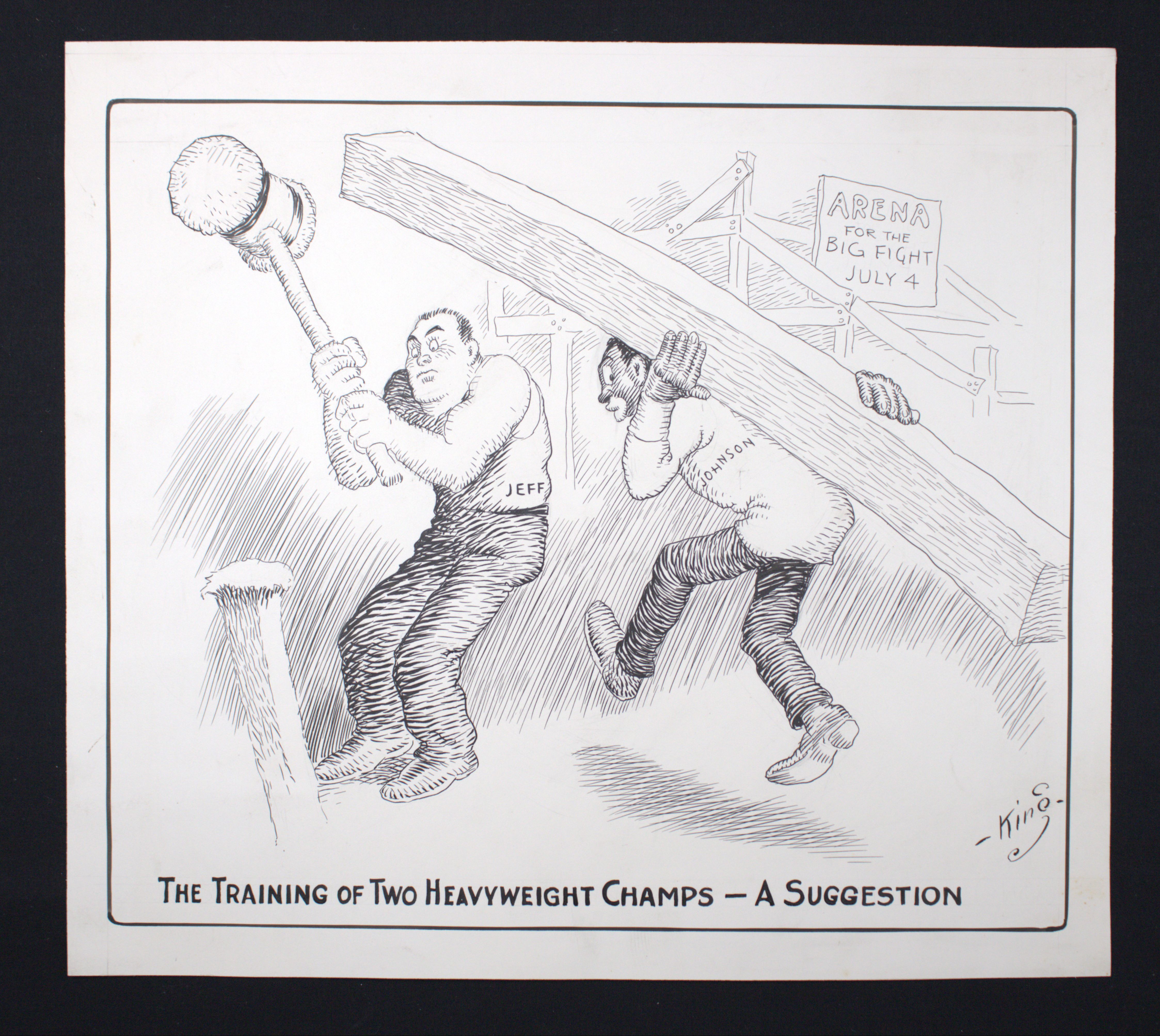 Historical boxing match between  Jack Johnson (1878-1946) and James J. Jeffries (1875-1953). Frank O. King, 1910.